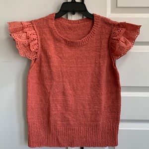 Fashionable mixed media eyelet ruffled cap sleeve sweater